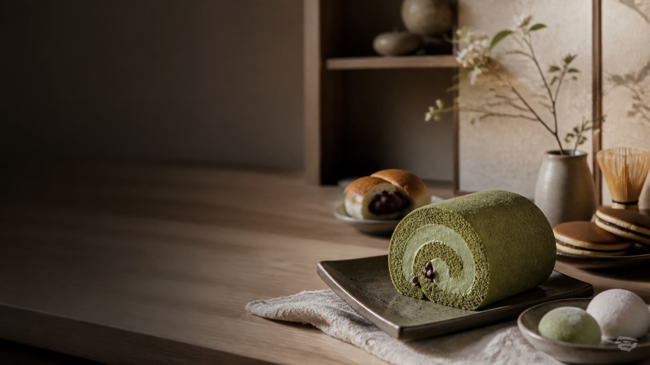 Matcha cake roll presented in a calm Japanese-inspired setting.