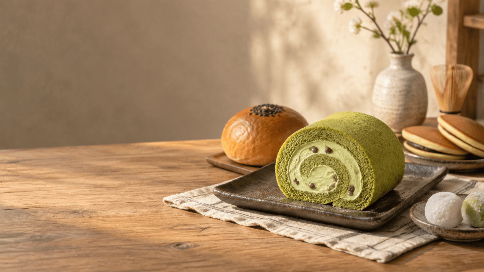Matcha cake roll presented in a calm Japanese-inspired setting.